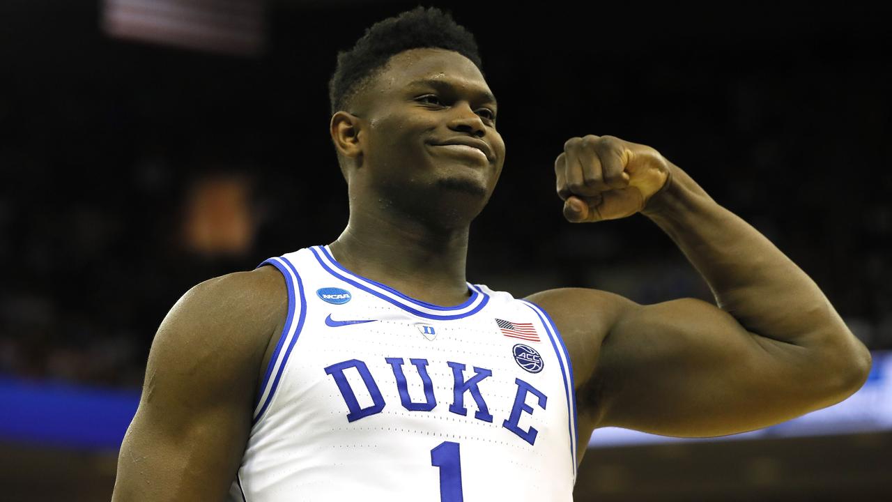 COLUMBIA, SOUTH CAROLINA - MARCH 22: Zion Williamson #1 of the Duke Blue Devils reacts after scoring a basket and drawing a foul against the North Dakota State Bison in the second half during the first round of the 2019 NCAA Men's Basketball Tournament at Colonial Life Arena on March 22, 2019 in Columbia, South Carolina. Kevin C. Cox/Getty Images/AFP == FOR NEWSPAPERS, INTERNET, TELCOS &amp; TELEVISION USE ONLY ==