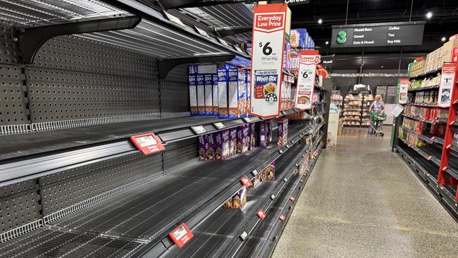 Empty shelving in Woolworths, Camberwell, in Melbourne. Picture: Alex Coppel