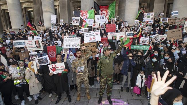 The South Australian Afghan community holding a rally at Parliament on August 14. Picture: Simon Cross