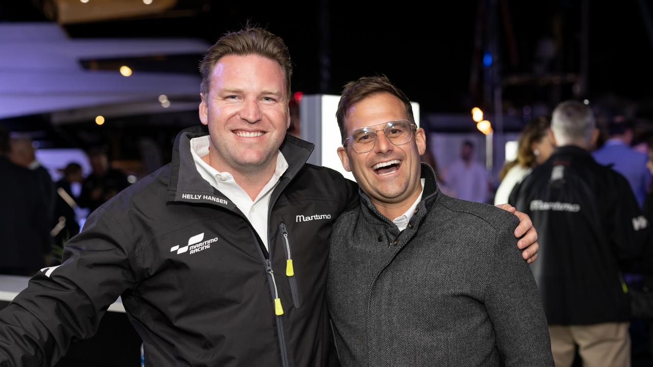 Matt Millington and Justin Thorpe for The Pulse at Maritimo Luxury Yachts global launch of the S75 and M75 at the Sanctuary Cove International Boat Show 2023. Picture: Celeste Humphrey