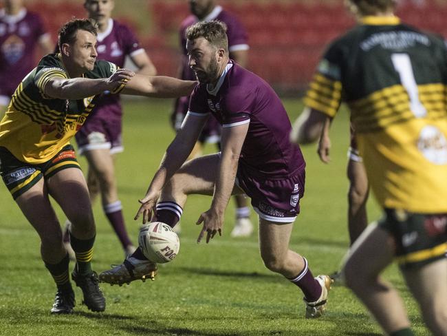 Jed Bryers (centre) of Dalby against Wattles in TRL President's Cup Reserve Grade rugby league at Clive Berghofer Stadium, Saturday, July 1, 2023. Picture: Kevin Farmer