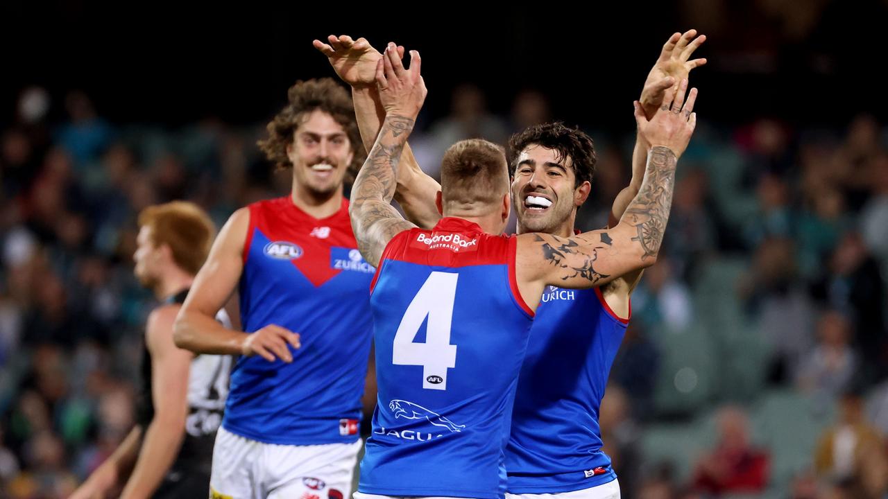 James Harmes celebrates a goal as the Demons race away with the contest in Adelaide. Picture: AFL Photos via Getty Images