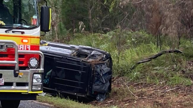 Emergency crews at the scene of the crash on Rainbow Beach Road on Tuesday. Photos: Scott Kovacevic