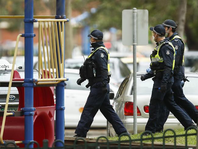 Police officers patrolling a Melbourne playground during lockdown. Picture: Getty