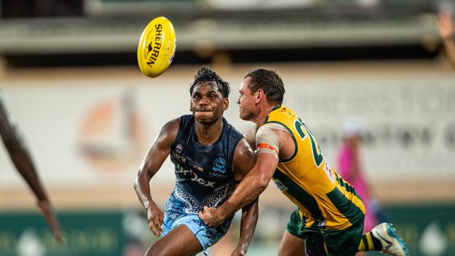 Phoenix Spicer playing for the Darwin Buffaloes against PINT in Round 10 in the 2023-24 NTFL season. Picture: Pema Tamang Pakhrin