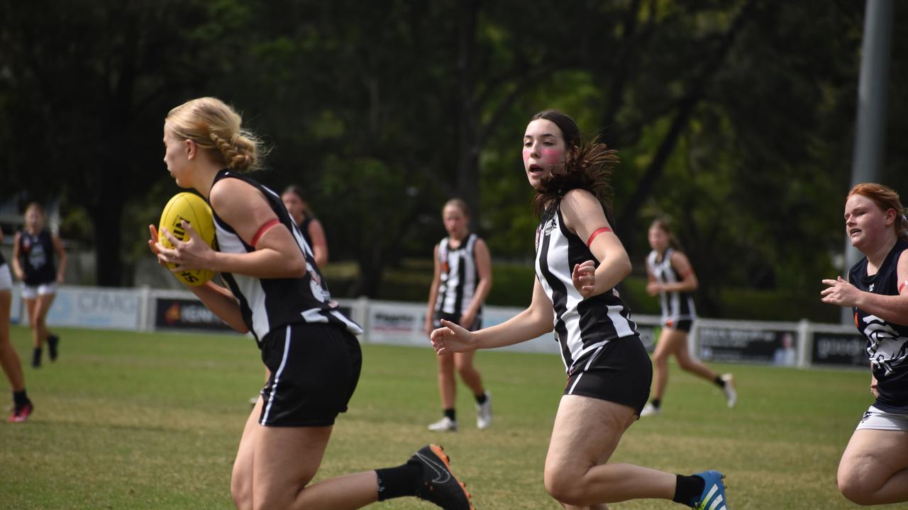 Under-17 Girls division 1 action between the Coorparoo Roos and Sherwood Magpies. Sunday May 7, 2023. Picture: Nick Tucker