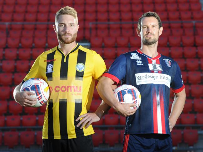 West Torrens Birkalla’s Tom Dittmar and South Adelaide’s Johnny Moore. Picture: Mark Brake