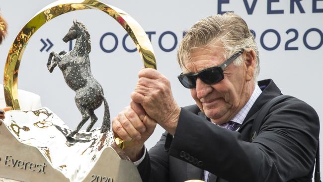 Trainer Les Bridge got his hands on The Everest trophy after Classique Legend stormed to victory in the $15m sprint at Royal Randwick. Picture: Getty Images