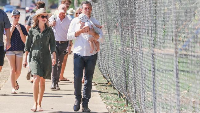 Chief Minister Michael Gunner, wife Kirsty O'Brien and their son Hudson at the Fannie Bay Electorate polling booth at Parap Primary School. Picture: Glenn Campbell