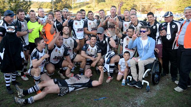 Back row (L-R): Gary Dowse, Anthony Provost, Matt Eckler (yellow), Brett Clark, Rod Pitt-Owen (orange), Will Klein (manager), Donny's brother (cap), Ben Hurley, Blake Matthews, Donny Thompson, Matt White, Chris Bowers, Brendan Shephard, Jack Twist (raised hand), Nick Taylor, Will Dreves, Carl Klein, Corky Watson (orange). Front row (L-R): Magpie, Rory Vale, Tiger Vatuvei, Kiel Shephard, Bryce Poisel, Chris Young (cap), Michael Lett, Lett junior, Smithy (chair). Alex Peters (lying down). Group 6 grand final Picton Magpies defeated Mittagong Lions at Victoria Park, Picton, September 14, 2014. Picture: Ian Svegovic