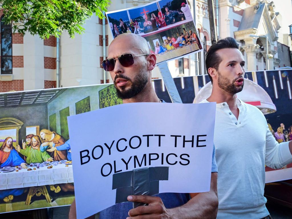 Andrew (L) and Tristan protested the 2024 Paris Olympics over the opening ceremony’s inclusion message claiming it mocked Christianity. Picture: AFP