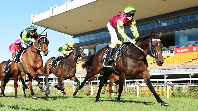 Knights Choice bolts in at Doomben for Sunshine Coast trainers John Symons and Sheila Laxon. Picture: Grant Peters - Trackside Photography