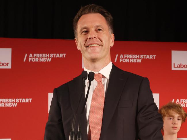 SYDNEY, AUSTRALIA - NewsWire Photos MARCH 25, 2023: NSW Labor leader, Chris Minns holds the election night party at the Novotel Hotel In Brighton-le-sands. Chris Minns takes to the stage with his wife Anna and the kids after winning the election. Picture: NCA NewsWire / David Swift