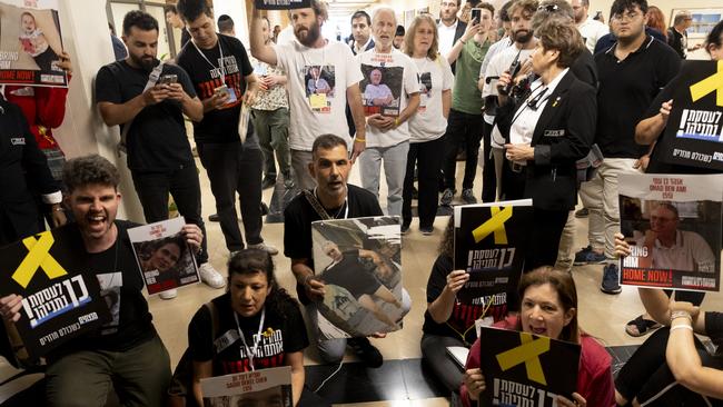 Families of hostages held in the Gaza Strip protest at the Israeli parliament in Jerusalem on Monday. Picture: Getty Images