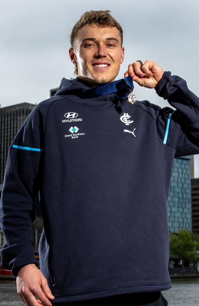 Patrick Cripps after his 45-vote win last year. Picture: Darrian Traynor/Getty Images