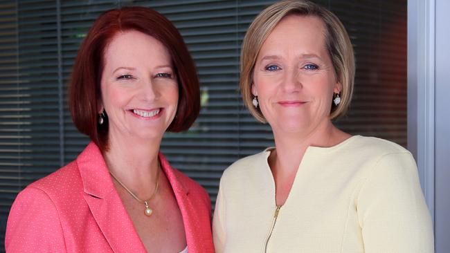 Drama in politics ... Former PM Julia Gillard pictured with ABC journalist Sarah Ferguson.