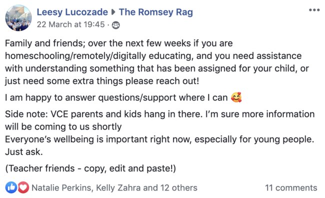 Teachrs have taken to Facebook to help local parents with the changes to transition classroom learning.