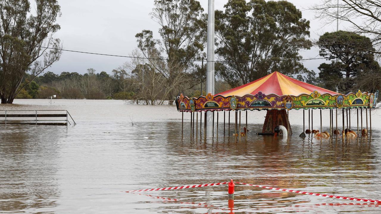 A carousel at Camden Showground under water as an evacuation order is in place for parts of the town. Picture: Jonathan Ng