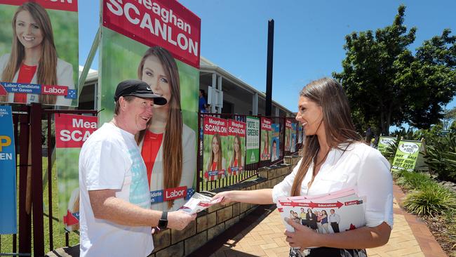 Meaghan Scanlon, then Labor candidate, handing out how to vote fliers at pre-poll during the last campaign. Photo by Richard Gosling.