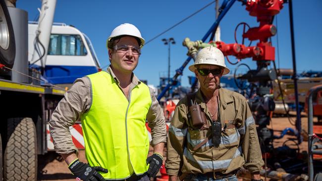 Empire Energy boss Alex Underwood and site manager Scott Hobday at the Carpentaria-2H drill site.