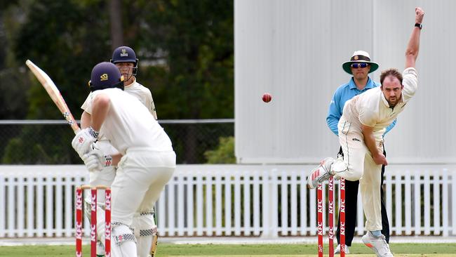 Redlands bowler Jon Stimpson First grade cricket final between UQ and Redlands Saturday March 25, 2023. Picture, John Gass