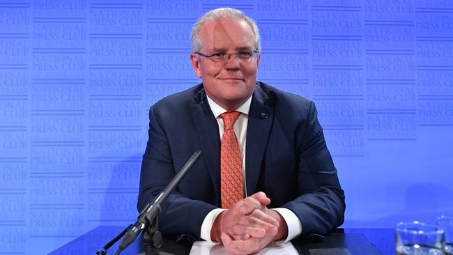 Prime Minister Scott Morrison arrives to deliver his speech at the National Press Club in Canberra.