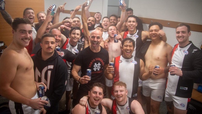 North Sunshine celebrates its first WRFL senior win in almost three years. Picture: North Sunshine FC