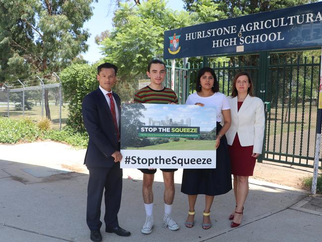 Macquarie Fields MP Anoulack Chanthivong and Ms Mihailuk with residents opposed to over-development.