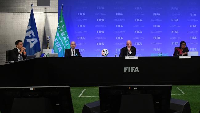 From left: FIFA Chief Legal and Compliance Officer Emilio Garcia Silvero, FIFA Deputy Secretary General Mathias Grafstrom, FIFA President Gianni Infantino and FIFA Secretary General Fatma Samoura listen during a virtual FIFA Council Meeting which included the bidding process and vote for the host of the FIFA Women's World Cup 2023. Picture: AFP