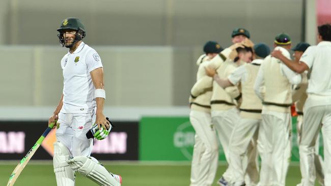 Australia take great joy in dismissing Faf du Plessis during the 2016 series. Picture: AFP