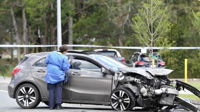 A woman has died in a horror crash involving a young driver allegedly in a stolen Mercedes outside a school on the Sunshine Coast. Picture: Patrick Woods.