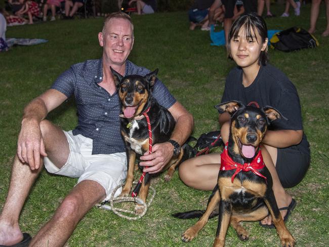 (from left) John Neville, Kushi the kelpie, Saebyeok Han and Whisky the kelpie. Triple M Mayoral Carols by Candlelight. Sunday 8th December, 2024. Picture: Nev Madsen.