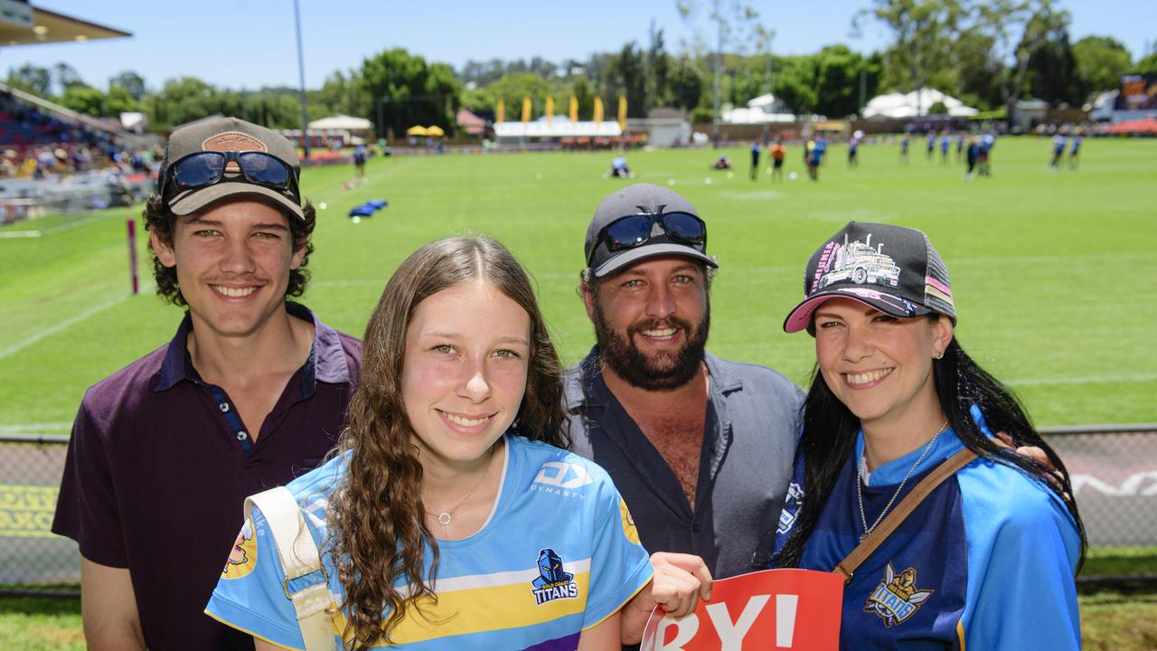 Supporting the Titans are (from left) Jack, Emmison, Shane and Jessica French at the NRL Pre-Season Challenge game between Broncos and Titans at Toowoomba Sports Ground, Sunday, February 16, 2025. Picture: Kevin Farmer