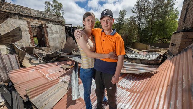 Kim and Daniel Pearce at their property after the House-fire in Two Wells. Pictured on 7th December 2024. Picture: Ben Clark