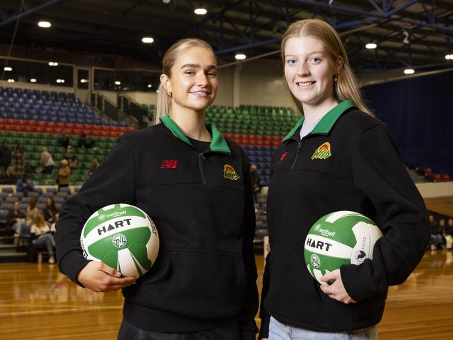 Tasmanians Paige O'Neill and Charlotte Walker were both chosen in the Australian under-21 squad to tour Fiji, and trained with Adelaide Thunderbirds. Picture: Minch Media