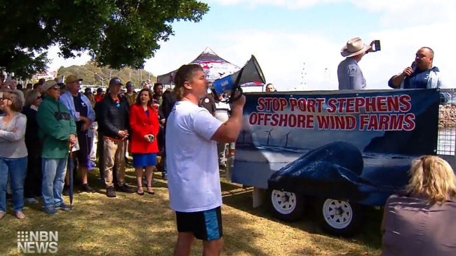 Elsewhere, more than one thousand people have rallied in Port Stephens, fighting the federal government’s plan for offshore wind farms. Picture: Nine News