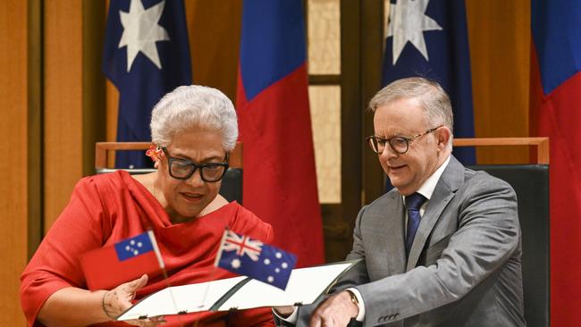 Prime Minister Mata’afa and Prime Minister Albanese signed the bilateral partnership arrangement at Parliament House in Canberra. Picture: NCA NewsWire / Martin Ollman