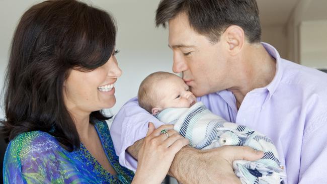 Former 2UE talkback host David Oldfield and The Catch-Up star Lisa Oldfield with four-day-old son Harry.