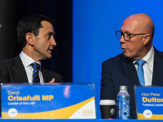 BRISBANE, AUSTRALIA - NewsWire Photos - JULY 6, 2024.Federal Opposition Leader Peter Dutton (right) and Queensland Opposition Leader David Crisafulli during the LNP Convention in Brisbane. Picture: Dan Peled / NewsWire