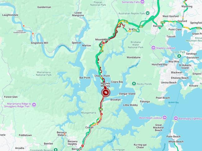 The delays are building past Mount White and towards The Central Coast. Picture: Live Traffic NSW