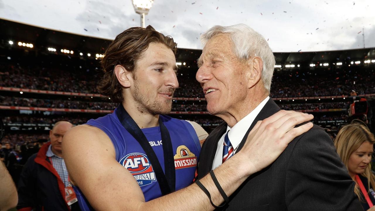 Marcus Bontempelli with John Schultz after the Bulldogs' win in the 2016 AFL Grand Final. Picture: AFL Photos