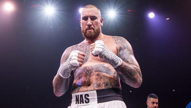 Melbourne Storm prop Nelson Asofa-Solomona was victorious over Jarrod Wallace at the Battle on the Reef fight night in Townsville, forcing Jarrod Wallace’s corner to throw in the towel in round 3. Picture: Alix Sweeney / Fightr Promotions