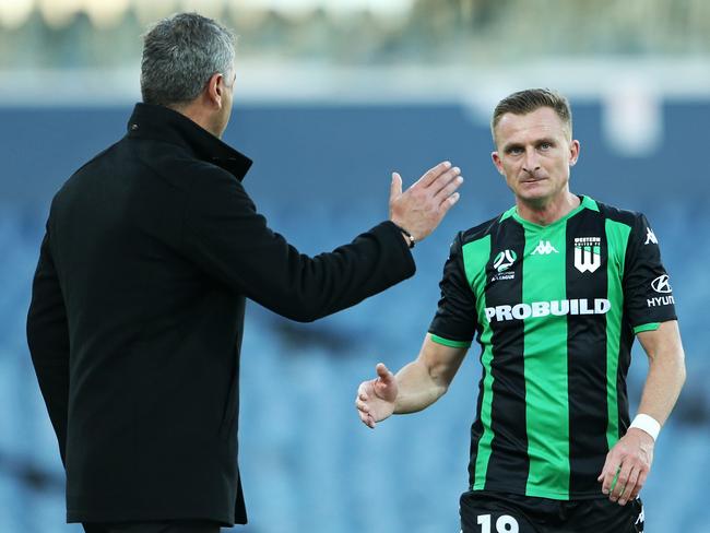 Western United coach Mark Rudan acknowledges the hard work of Besart Berisha last week. Photo: Getty Images