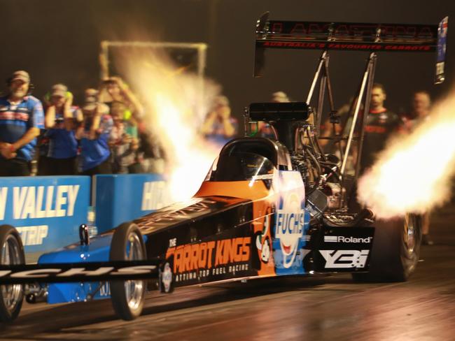 Aaron Hambridge, 33, in his team Lamattina Top Fuel Racing drag car at the Hidden Valley Drag Strip. Picture: Mark Callaghan