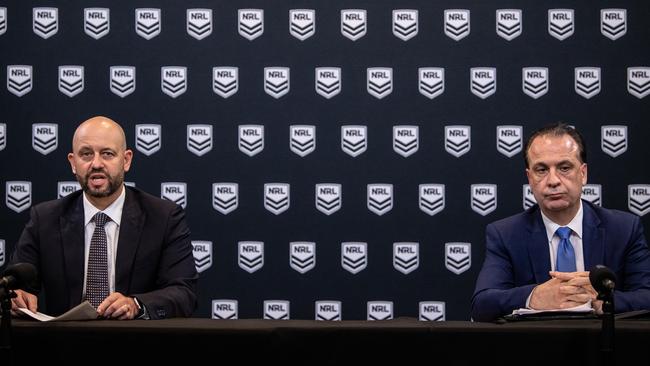 Greenberg and V’landys at NRL HQ in March. Picture: AAP