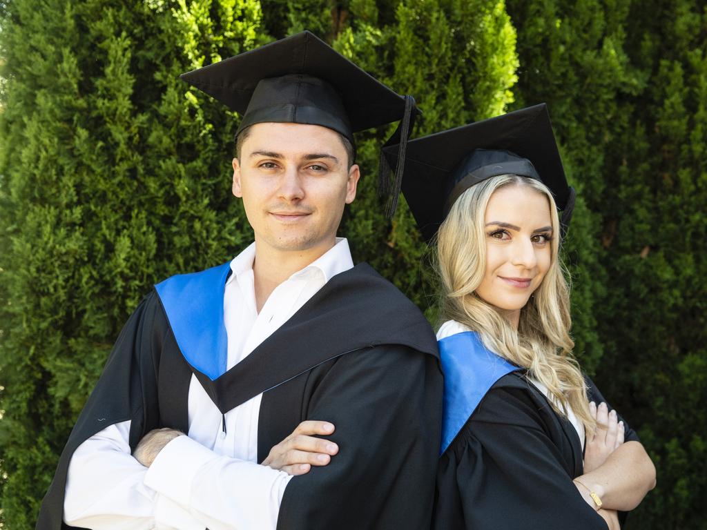 Michael Kusznir and Jessica French graduate with a Bachelor of Paramedicine at the UniSQ graduation ceremony at Empire Theatres, Wednesday, December 14, 2022.