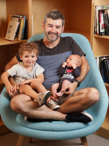 REA Group employee Shane Gibb, big brother Nate and newborn Jesse. Picture: supplied
