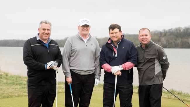 Joe Hockey and then US president Donald Trump play golf at Trump National Golf Club in April in 2018 in Sterling, Virginia. Picture: Shealah Craighead