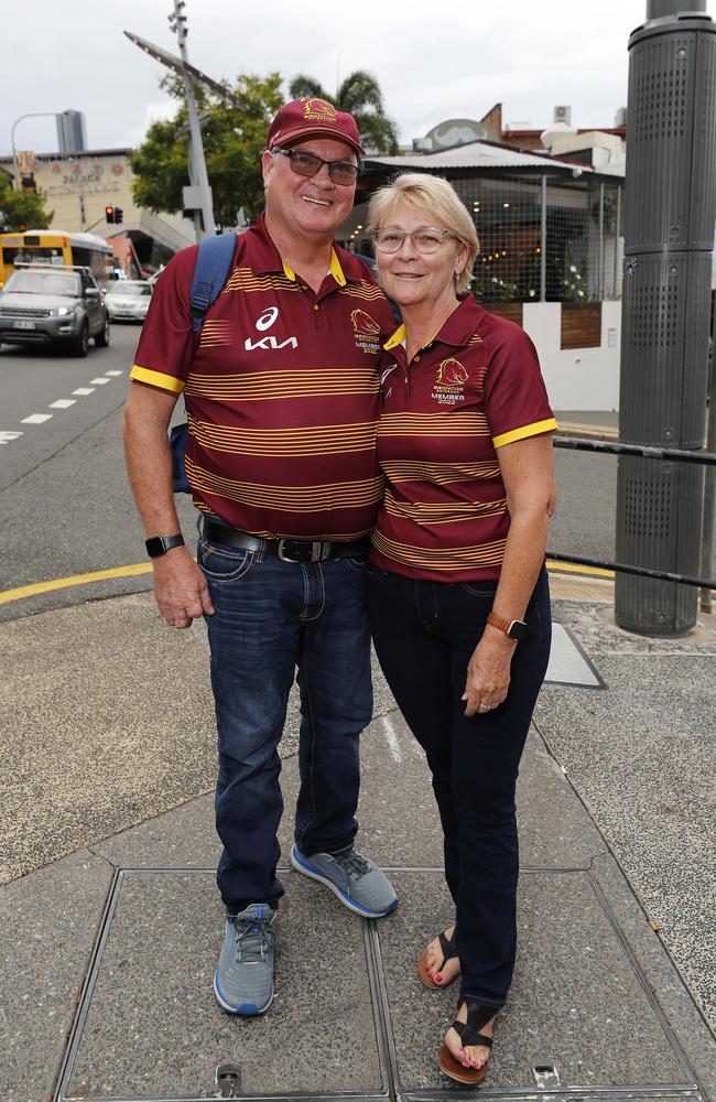 Robert and Nola Kerridge pictured at the Broncos v Rabbitohs, round 1, on Caxton Street, Brisbane 11th of March 2022. This is the first game for the BroncosÃ• season.