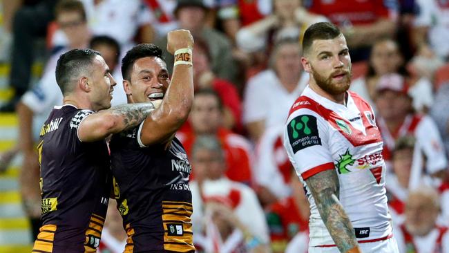 Alex Glenn of Brisbane celebrates his try during the NRL game between the Brisbane Broncos and the St George Illawarra Dragons. Pic Darren England.